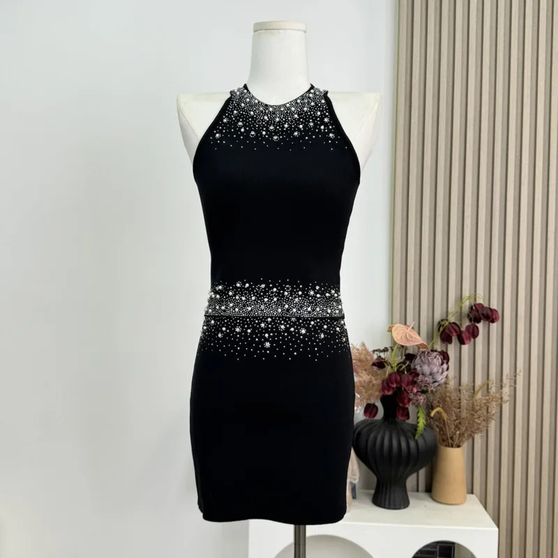

High Quality French Luxury Diamonds Knitted 2 Piece Set For Womem Nail Bead Top + Short Skirt Two Piece Outfit Ensemble Femme