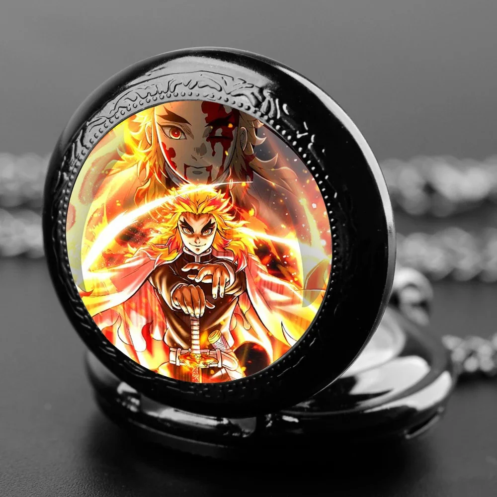Rengoku Kyoujurou أنيمي تصميم خمر زجاج قبة كوارتز ساعة الجيب مع سلسلة دائمة الأرقام العربية الهاتفي للجنسين الإبداعية Gif