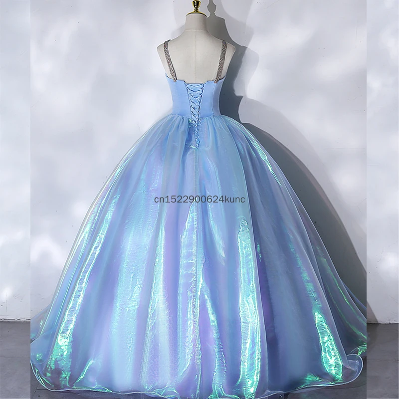 新しいマーメイドブループリンセスボールガウン女性のための甘い光沢のあるストラップAラインドレス女性ハロウィン誕生日パーティープロムイブニングドレス