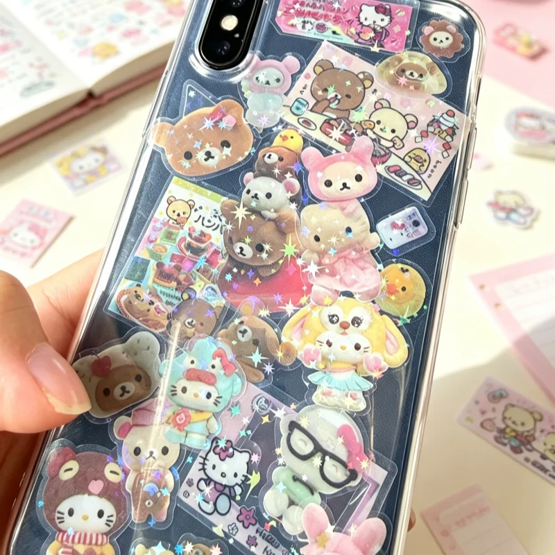 Kawaii Rilakkuma Laser-Glitzer-Aufkleber Niedliche Cartoon-Bären Ausgestanzte Aufkleberbögen Ästhetische Handtagebuch-Planer-Deko DIY-Zubehör