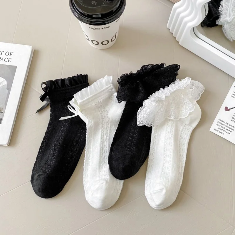 4 Pair/Lot Lolita Short Socks Women Summer Kawai Cute Frilly Ruffle Low Tube Socks Thin Mesh Lace Girl Sweet Korean Harajuku Sox