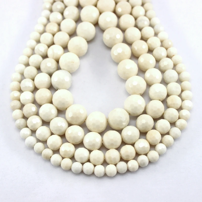 Natural Faceted Cut Ivory Jade Round Loose Stone Beads Strand 6/8/10/12MM For Jewelry DIY Making Necklace Bracelet