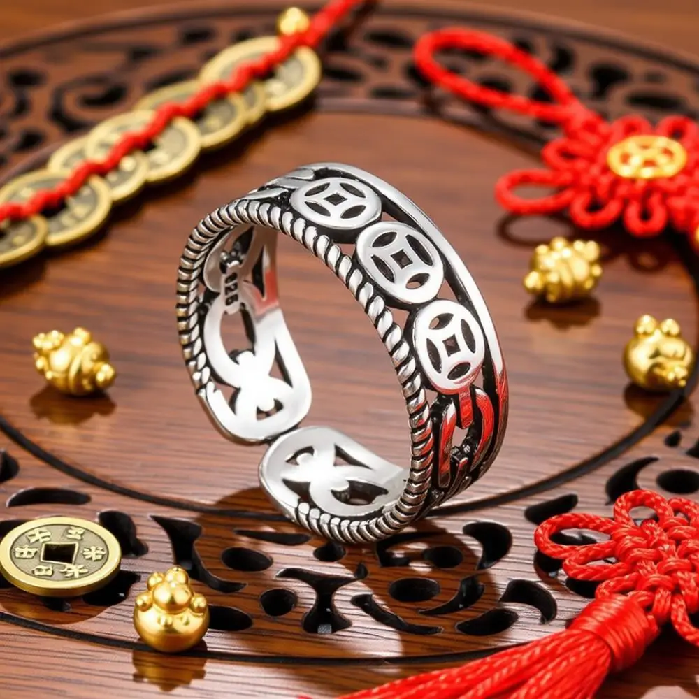 

Vintage 925 Sterling Silver Coin Pattern Open Adjustable Finger Rings For Men Women Anniversary Party Jewelry Gifts Accessory