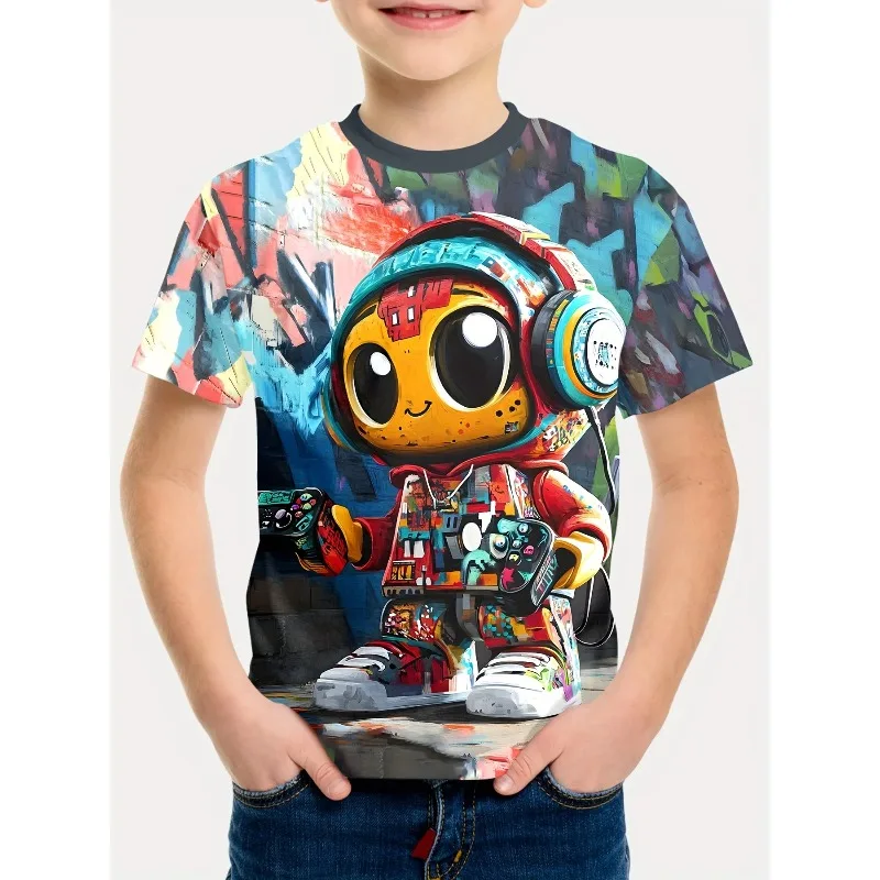 Graffiti-Style Cartoon Gaming Robot Short Sleeve T-Shirt, New Arrival Quick-Dry Breathable Casual Top for Daily Wear