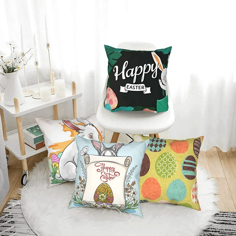 X18A-イースター スローピローカバー 4枚セット 18X18インチ バニー装飾正方形スローピローカバー クッションカバー 枕カバー