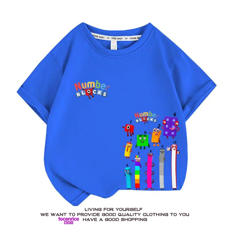 2024 Summer New Digital Building Blocks Boys Short Sleeve T-shirt Cartoon Clothes Children Half Sleeve Boys Girls Cotton Top