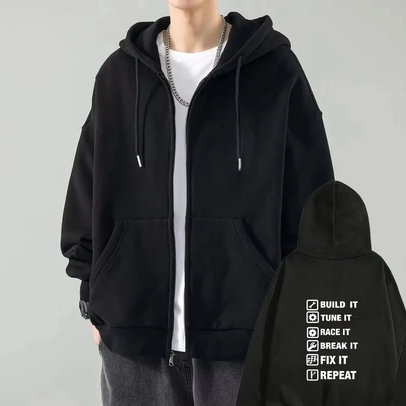 

Men's Hooded Jacket Black Build It Turn It Chase It Break It Flip It Repeat Print Casual Streetwear for Daily Wear and Outdoor A