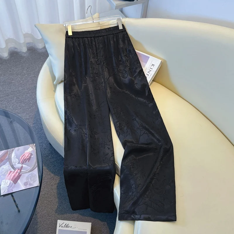 New Chinese Style Spring Heavy Embroidery Silk Fabric Wide Leg Straight Pants Slimming Lady Long Trousers Ethnic Fashion