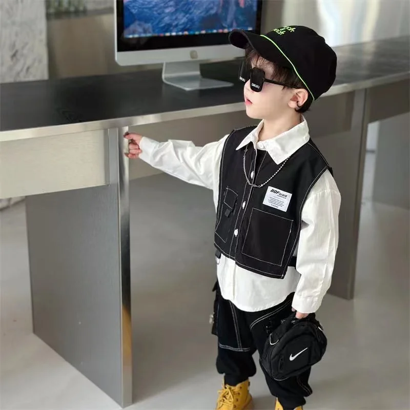 Boys Spring And Autumn Suit Set Boys Two Piece Cowboy Vest Set Korean Edition Children\'s Fashionable Two Piece Kids Outfits