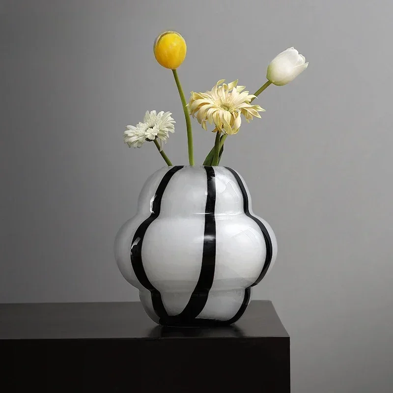 Black and White Striped Zebra Pattern Glass Vase Ornament Porch Living Room Bedroom Dining Table Table Nordic Home Decoration