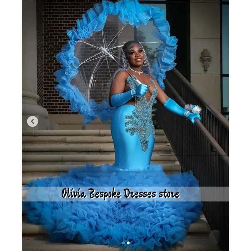 

Sparkly Crystal Prom Dress Customized Luxury Beaded Crystals Aso Ebi Robes De Soiree African Ruffls Evening Party Gowns