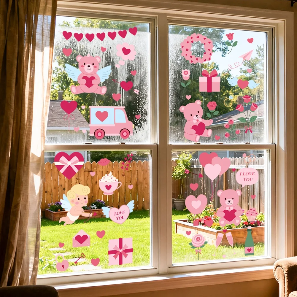 For Valentine's Day Red Valentine Stickers Window Stickers Heart Bear Decor Bear And Floral Patterns PVC Material view 6