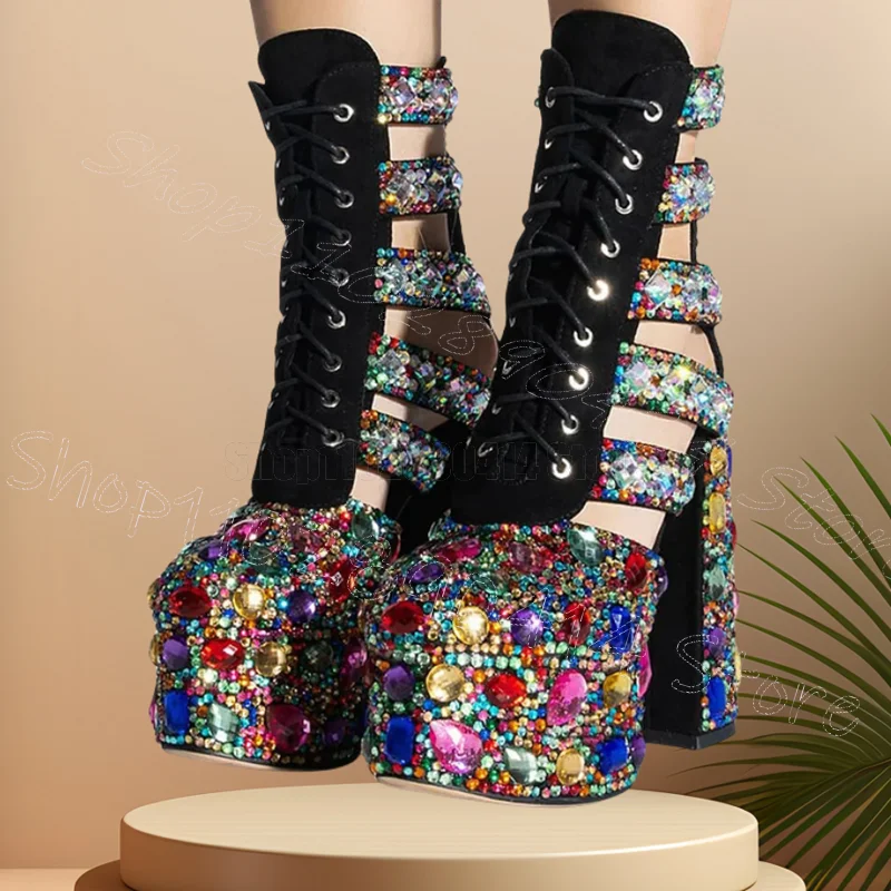 

Colorful Crystal Hollow Design Strappy Platform Boots Back Zipper Women Shoes Chunky High Heels Banquet 2025 Zapatos Para Mujere
