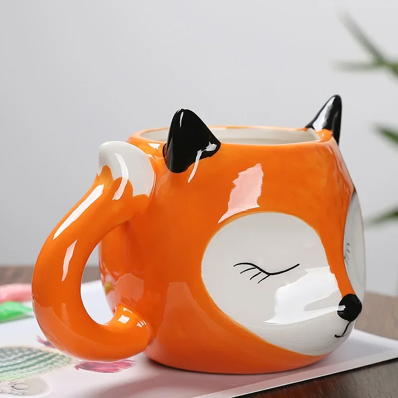 Cartoon Fox Shaped Ceramic Mug Cute Hand Drawn Coffee Milk Tea Water Cup Funny Children Breakfast Cup Household Drinkware