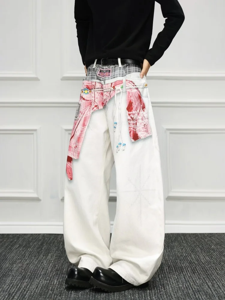 2025 Cyber Y2K Style 3D Digital Printed White Baggy Jeans Pants For Men Clothing Straight Streetwear Long Trousers Ropa Hombre