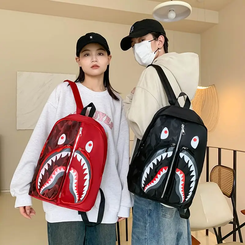 2024 waterproof School Backpacks for Student Style Anime Shark Print Travel Bags Punk Street Trend Waterproof Shoulder Backpack