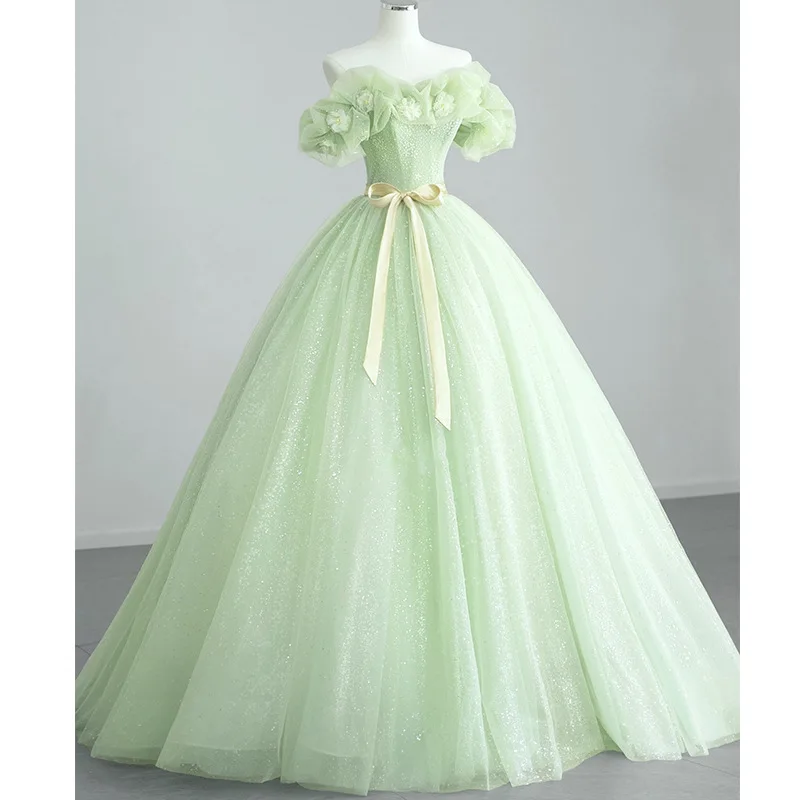 Vestido de noche de princesa de escape verde claro, Simple, fuera del hombro, nuevo vestido de baile con apliques, tul de lujo, Vestidos de ceremonia de hadas