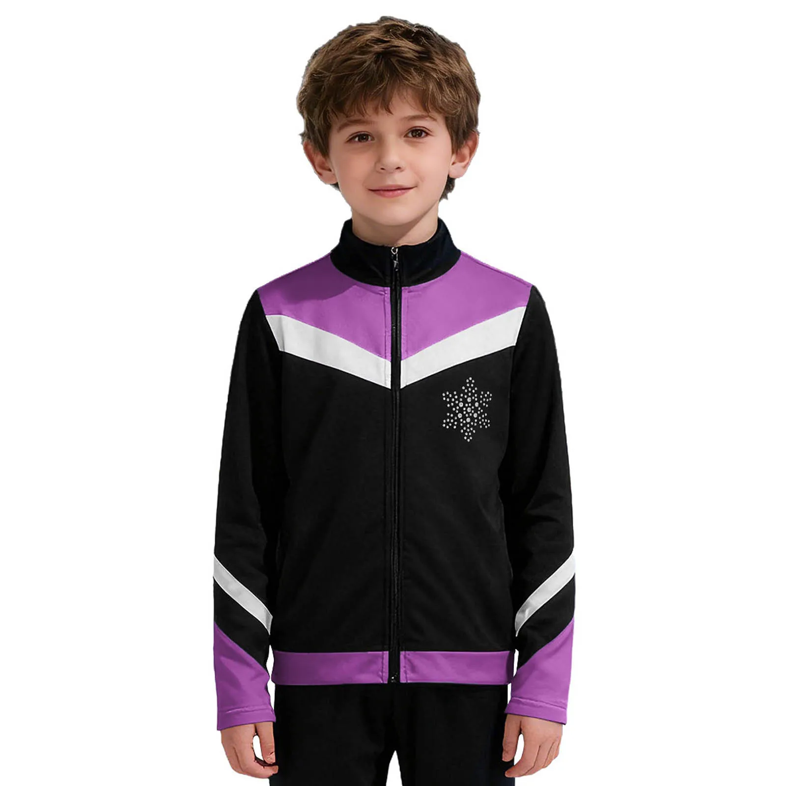 Boys Figure Skating Training Performance Costume Kids Long Sleeve Fleece Lining Rhinestone Snowflake Jacket for Dance Gymnastics