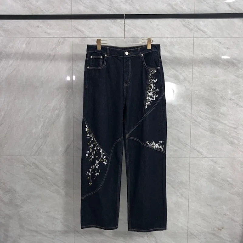 

American Derschutze Jeans Hip Hop Floral Embroidery Casusl Patchwork Denim Trousers Pant for Men Women