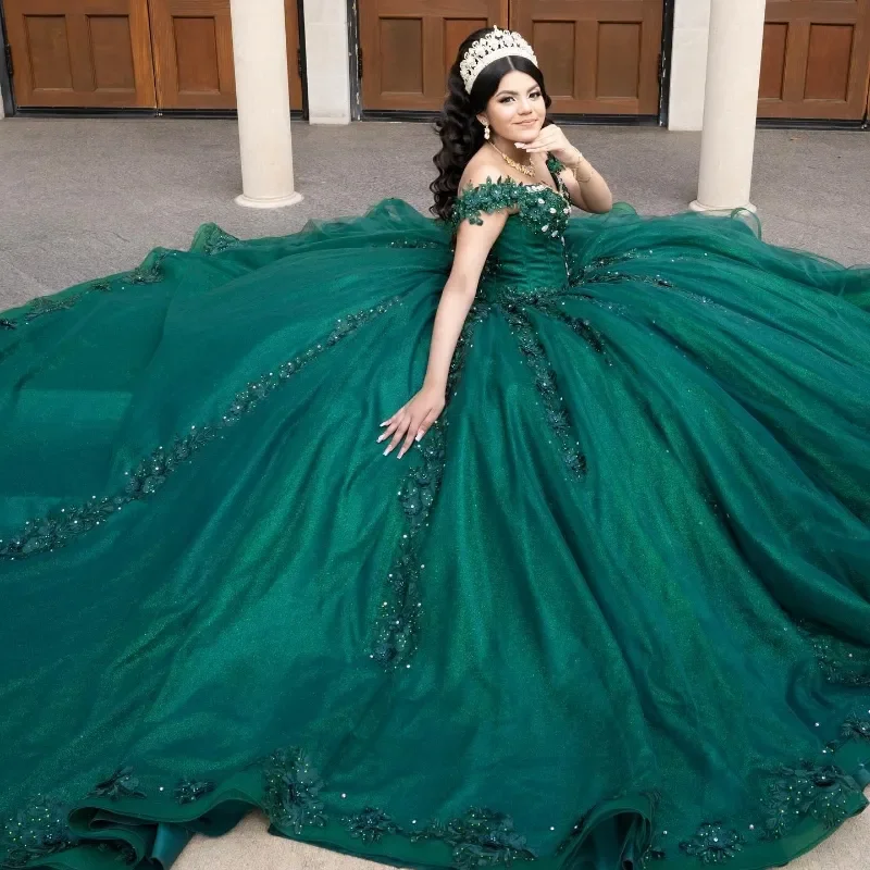 Robe de Quinceanera vintage vert émeraude, robe de Rhmexicaine, appliques en dentelle, perles de cristal, robe éducative, douce, personnalisée, 15 De XV