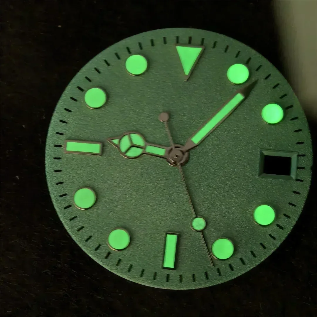 Циферблат часов NH35 и стрелки часов, костюм 28,5 мм, матовый циферблат с поверхностью, зеленые светящиеся аксессуары для часов, подходят для механизма NH35/NH36
