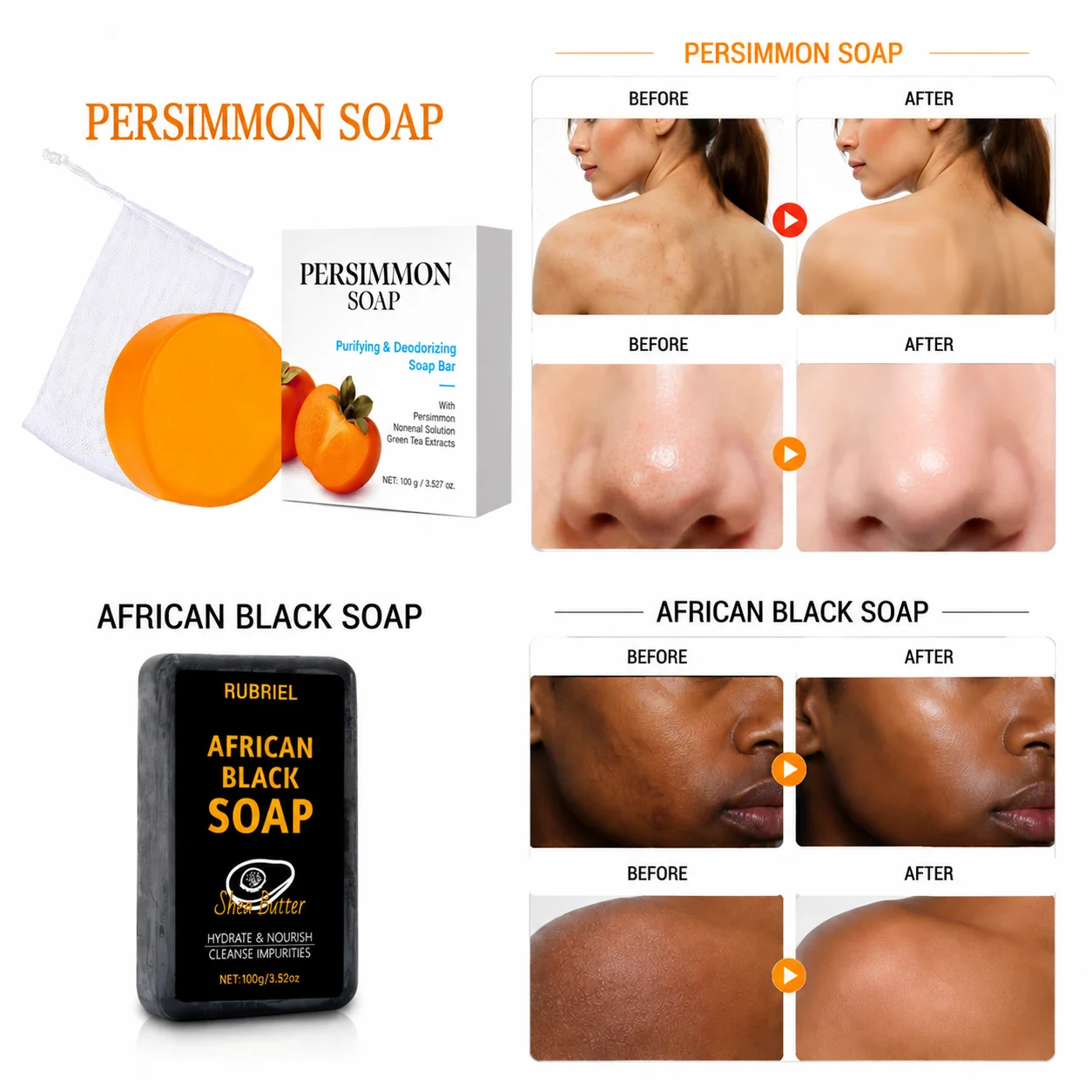 Persimmon Soap + African Black Soap Set with Shea Butter & Green Tea Extract, Deep Cleansing & Deodorizing Body Care for Fresh,