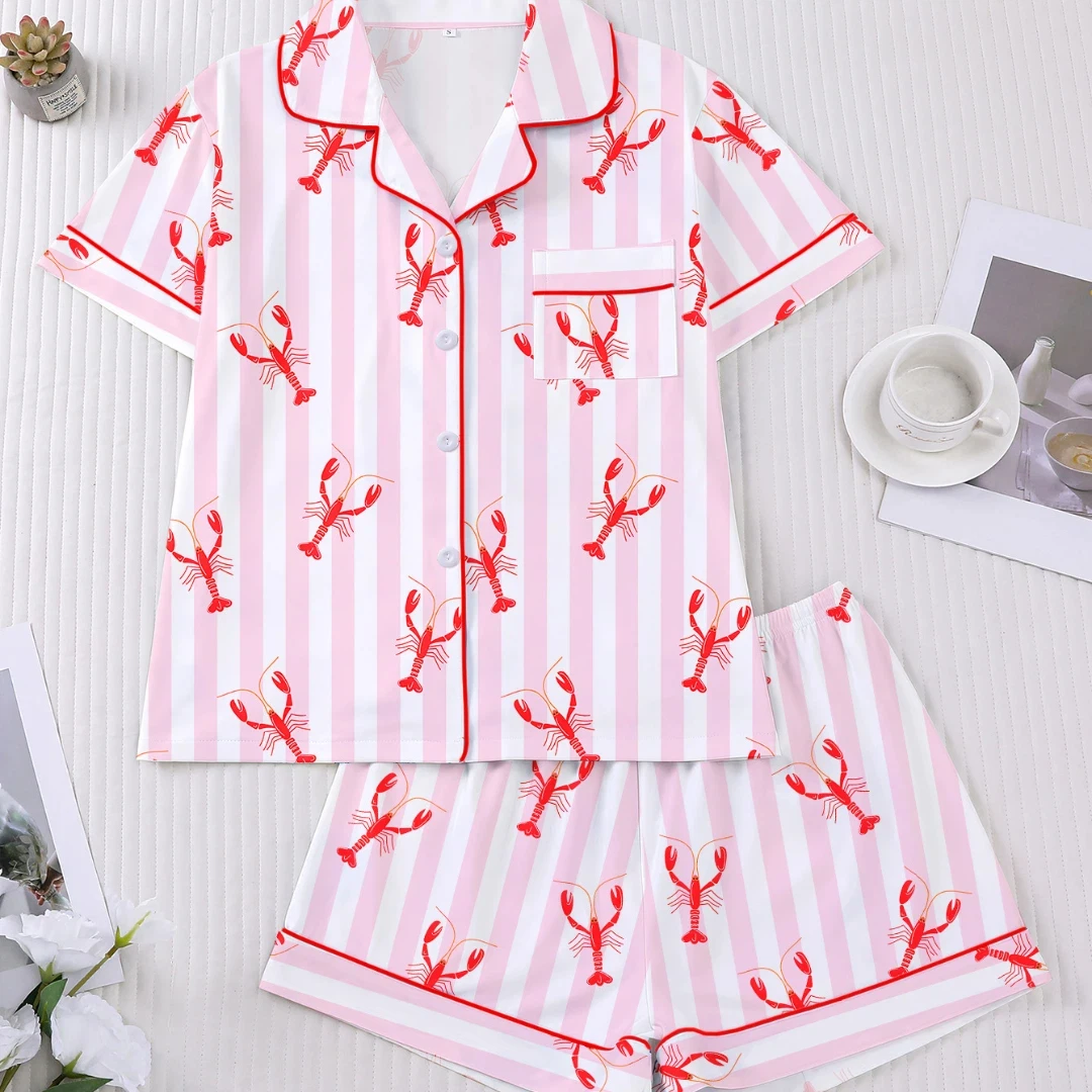 

White Women Pajama Set Melons and Animal Themed with Shrimp Print Lapel Shorts-sleeved and Shorts Pants Home Wear Gifts