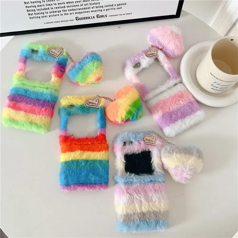 Fur Plush Diamond Phone Case For Samsung Galaxy Z Flip 6 3 4 2 1 Cute Furry Love Heart Hard Shockproof Cover for samsung ZFlip 5