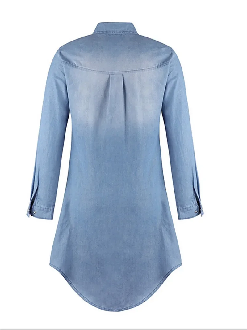 Vintage Loose Casual Denim Blue Shirts Dress Women Full Sleeve Pocket Splic Blouse Office Lady Mini Dress Long Blouses & Shirts