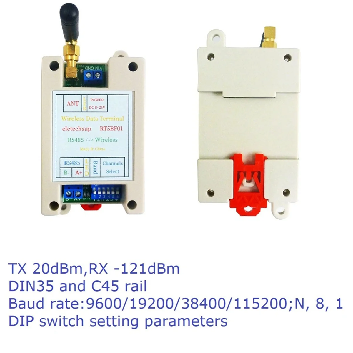 وحدة الإرسال والاستقبال اللاسلكية ، جهاز الإرسال والاستقبال UART ، Modbus RTU ، مفتاح Din للسكك الحديدية ، RS485 ، DC 12V 24V ، 20DBM -121dBm