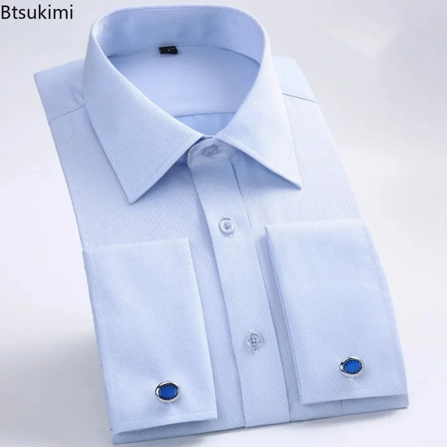 2026 Men's Dress Shirts Loose Tuxedo French Cuff Regular Fit Luxury Striped Business Long Sleeve Cufflinks Social Casual Shirts