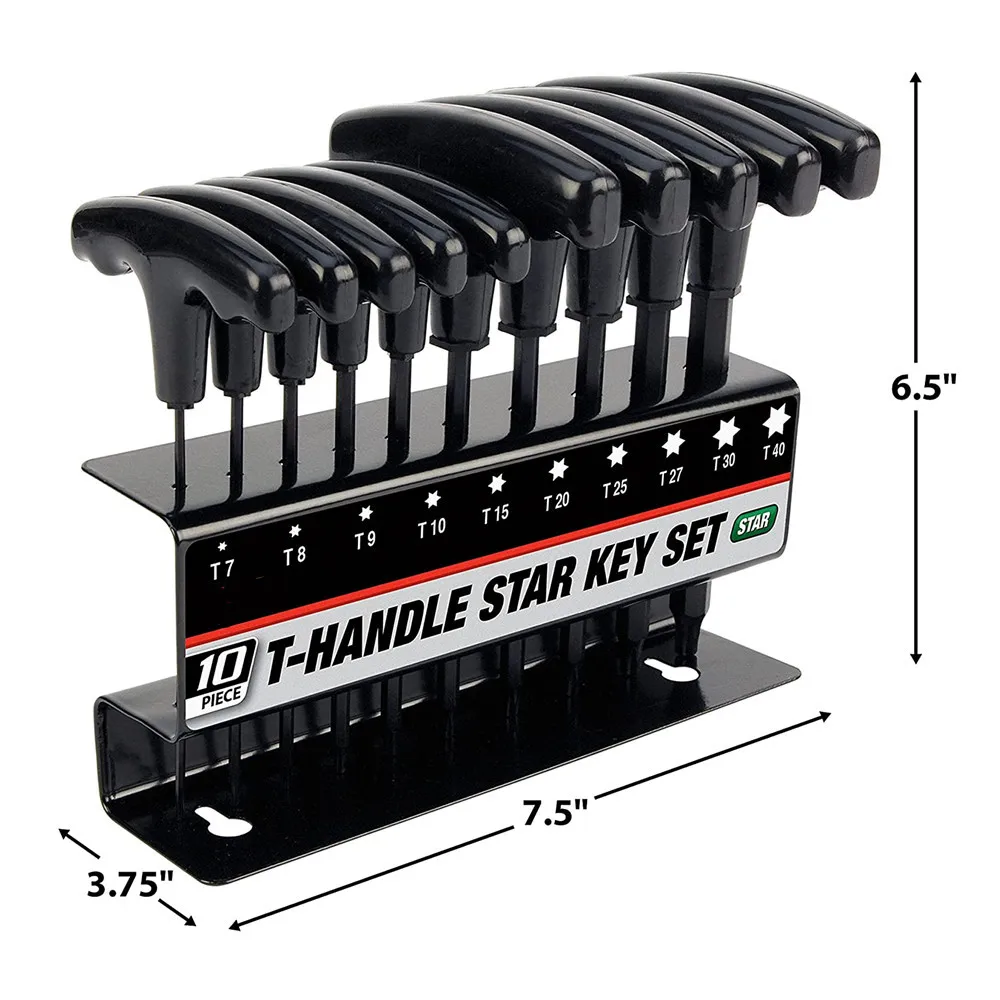 10pc Metric or Inch T-Handle Hex Key Allen Wrench Tool Set or Star T-Handle Hex Key Set with Convenient Storage Stand