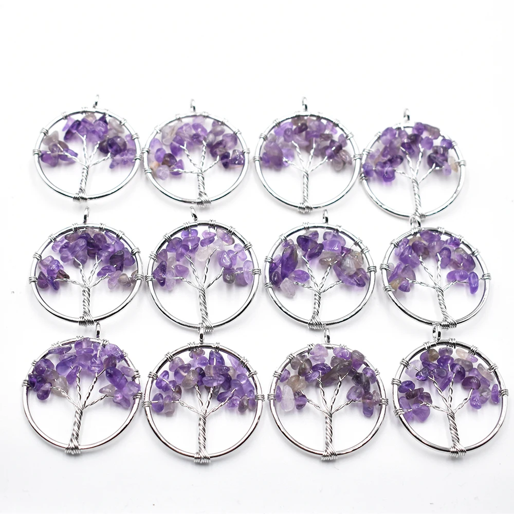 Wholesale 12/lot Natural Amethysts roses quartz stone handmade wire wrapped tree of life pendants 30mm for jewelry marking