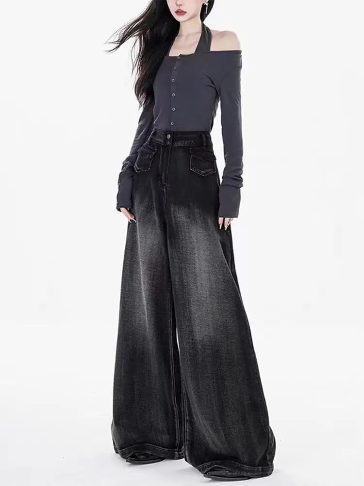 2025 New Gothic Y2K Cargo Denim Long Skirt Women Harajuku Vintage Black Bandage Jeans Skirts Aesthetic High Waist A Line Skirts