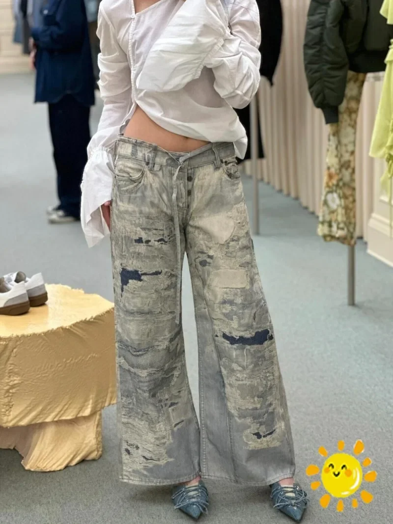 

Soft fabric 24SS High Street Ink and wash printing straight leg wide leg jeans Men Women Best Quality Joggers Trousers harajuku