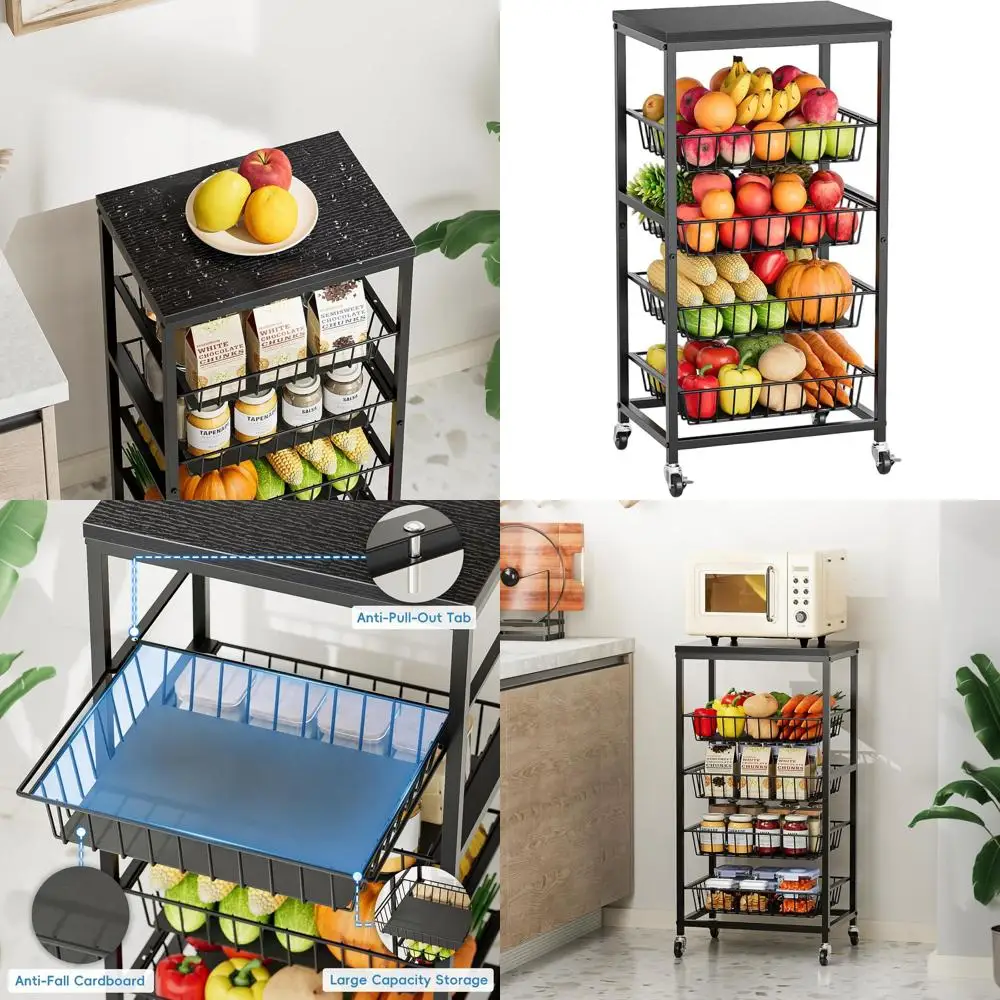 

5-Tier Rolling Kitchen Cart with Fruit Basket and Wooden Top, Storage Organizer for Fruits, Vegetables, and Snacks (Black)