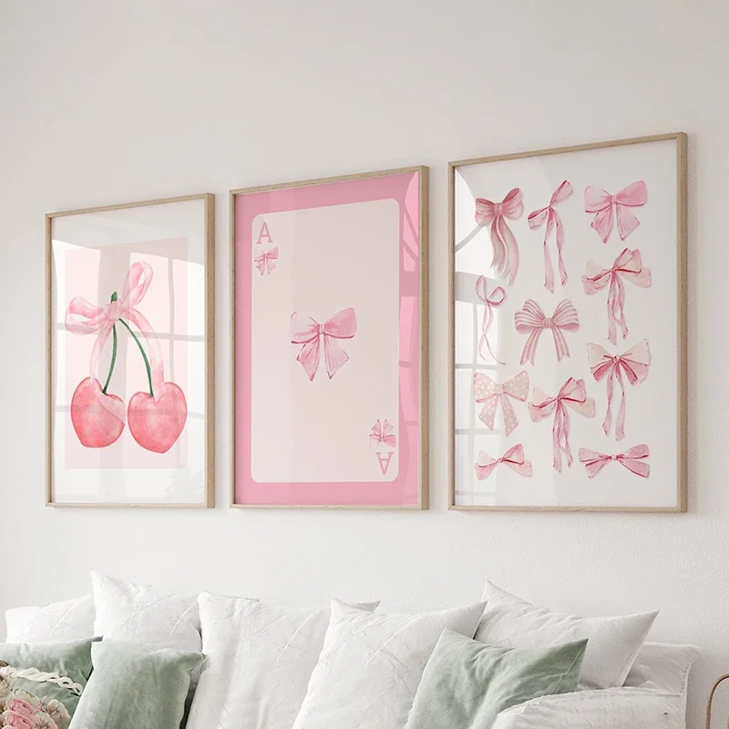 Trendy Pink Bows Poster Wall Art Set of 3 Preppy Posters College Apartment Decor Watercolor Bows Print Room Bedroom Wall Decor