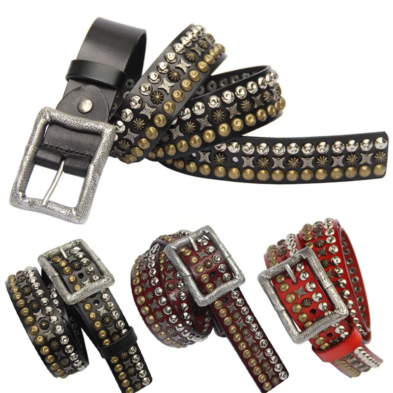 New original design first layer cowhide riveted belt Punk trend fashion personality antique silveren buckle decorative belt