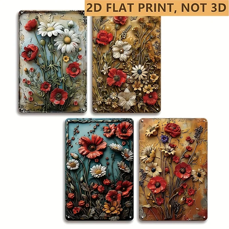 4pcs Set, 2D Flat Vintage Floral Metal Tin Sign, Fun Vintage Decorative Plaque, Humorous Slogan 
