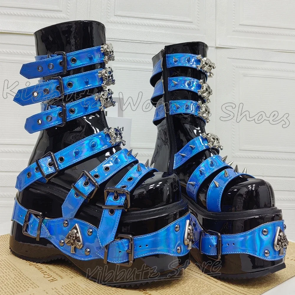Knee High Boots Platform Rivets Metal Decor Women Shoes Round Toe Height Increasing Leather Belt Buckle Mixed Color Fashion Sexy view 6