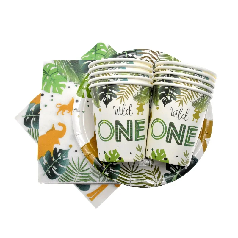 Wild One Birthday Decor Disposable Tableware Set Cups Plates Napkins Flags Cake Topper Balloons Jungle Theme Party Supplies