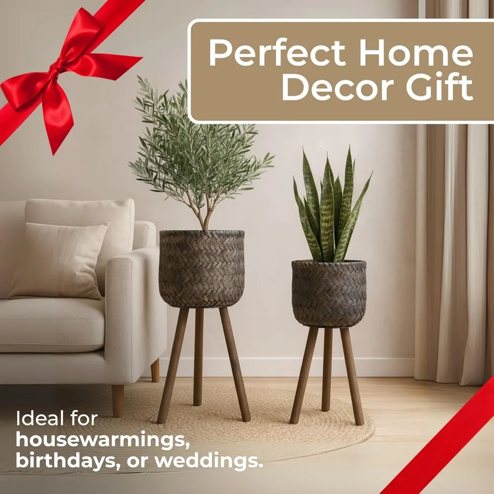 Набор из 2 плетеных горшков ручной работы с подставками — коричневый декор для дома и улицы в деревенском стиле, 19 дюймов и 23 дюйма.