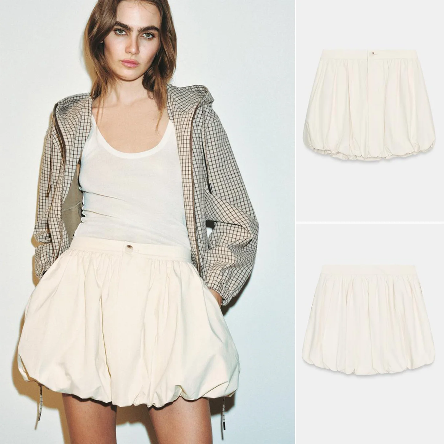 Spring New Women's Button Zipper Style Balloon Silhouette Pleated Flower Bud  Skirt Polyester Fiber Washed Process
