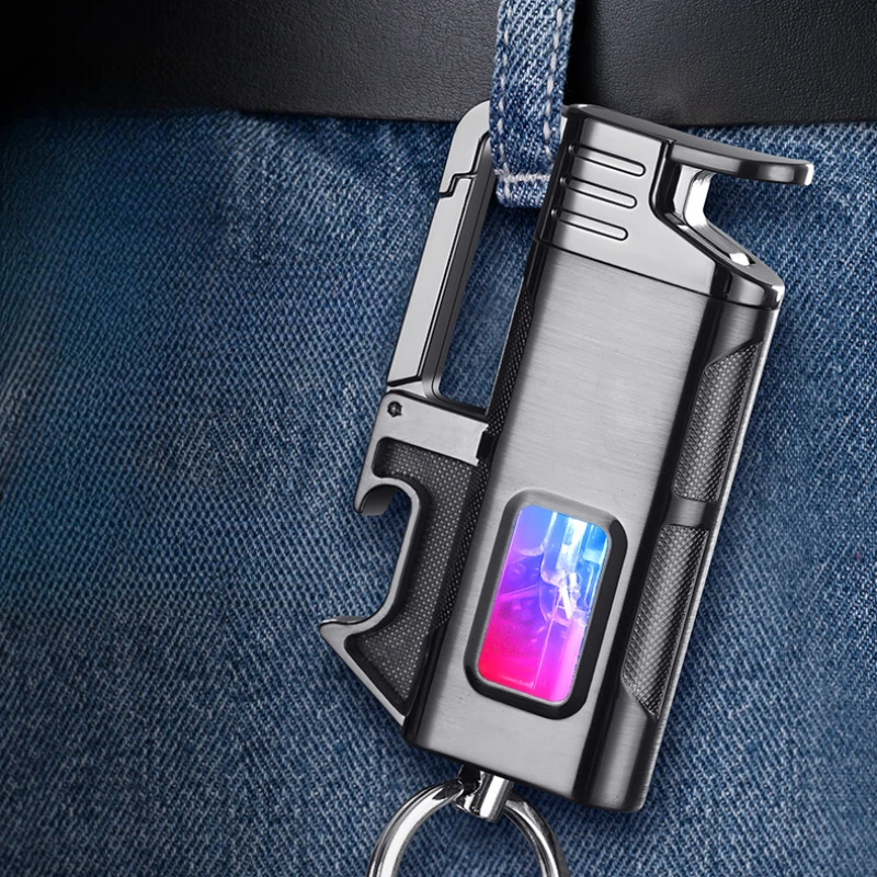 Metal Multi functional Keychain Windproof Jet Blue Flame Gas Lighter Outdoor Bottle Opener LED Transparent Window Cigar Lighters