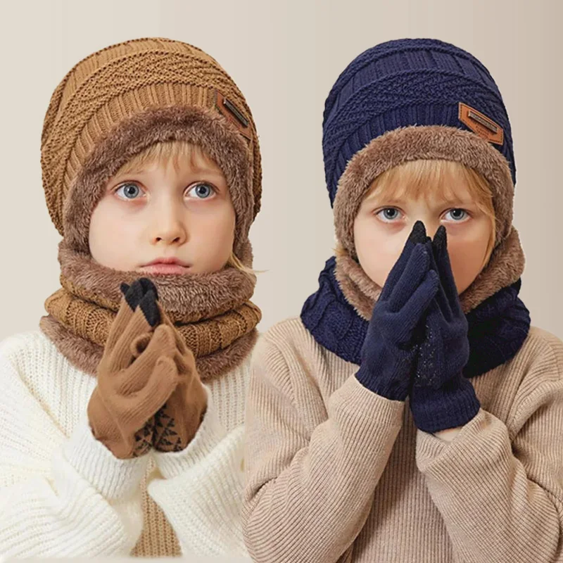 

Winter Chlidren Hat Scarf Gloves Set Plush Lining Warm Beanie Outdoor Boys Knitted Hats Non Slip Gloves Neck Warmer Cap 4-10Y