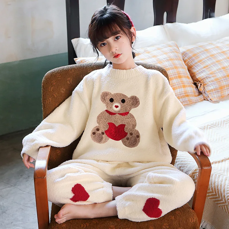 Winter School Girl Love Bear Night-clothes Thicken Warm Children's Pajamas Coral Velvet Cute Girls' Pajamas Sleepy Pants Set