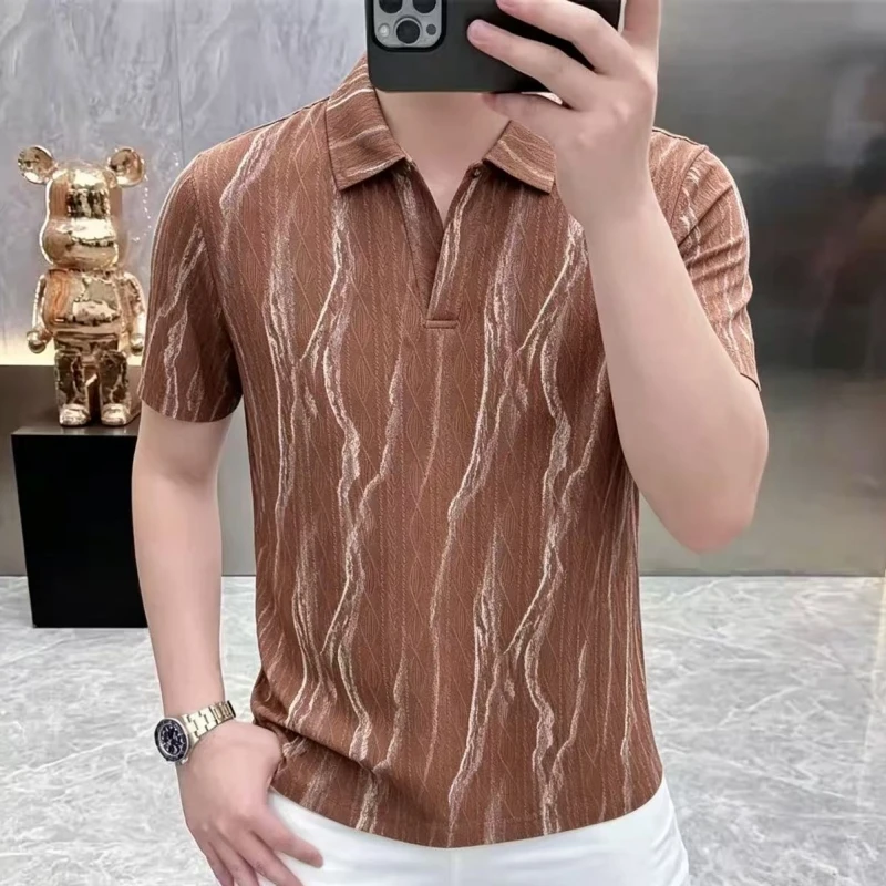 2026 Summer Men's New Style Fashion Casual Seagull Collar Printed Lapel Polo Shirt Top