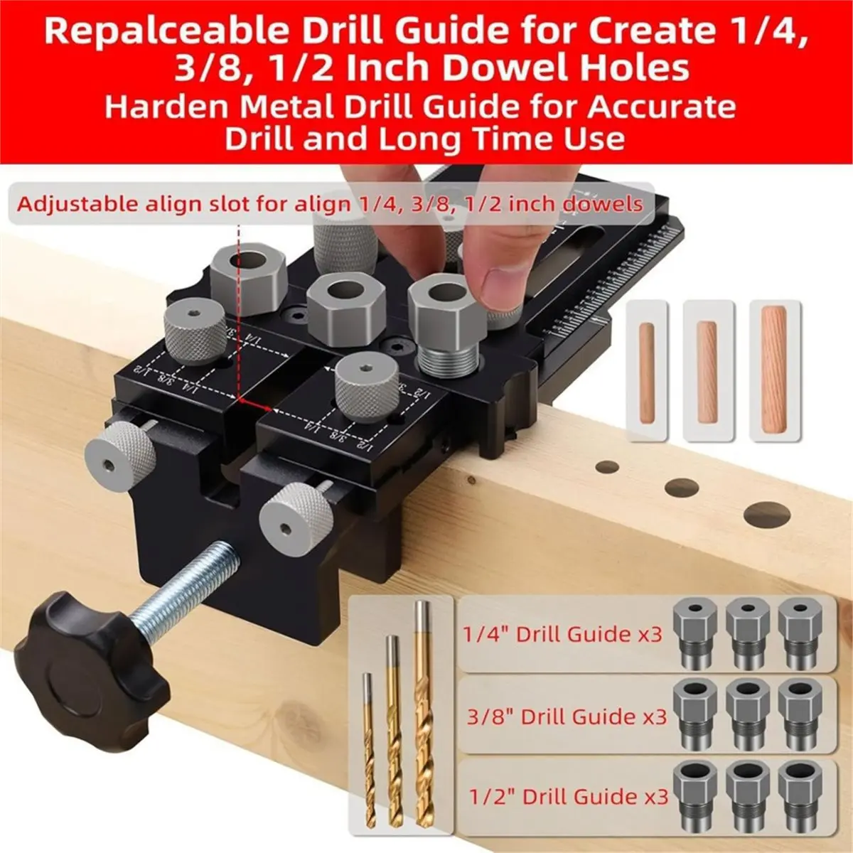 Woodworking Dowel Jig Kit, Adjustable Drill Guide with 1/4 3/8 1/2 Inch Bushings & Bits for DIY Wood Joints