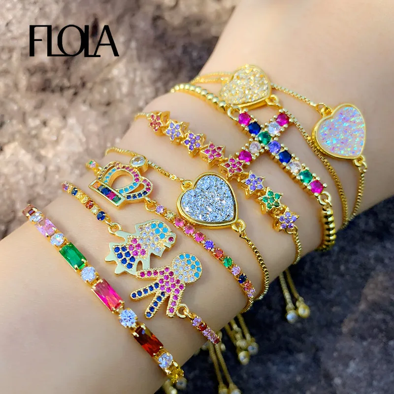 FLOLA CZ Rainbow Cross Bracelet Woman Rainbow Crystal Boy Girl Heart Bracelet Gold Plated Jewelry pulseras mujer moda brtb78