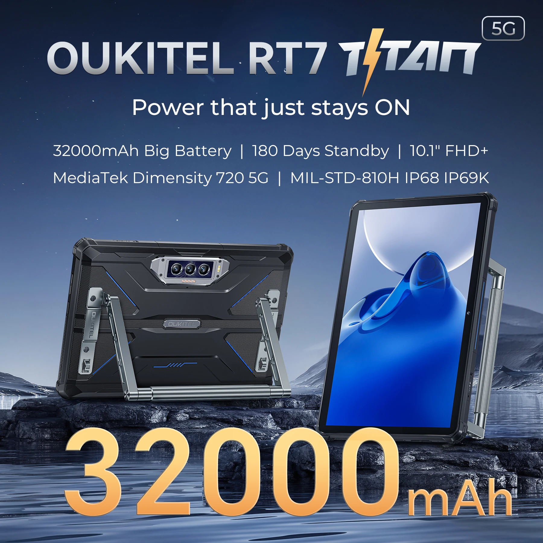 

OUKITEL RT7 5G TITAN Rugged Tablet - 10.1" FHD+, 32000mAh, 24GB+256GB, 48MP+20MP 5G Outdoor Tablets PC Android 13